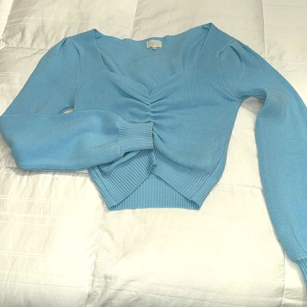 Vichy light blue V neck cropped knit sweater  cinched down the front Size small